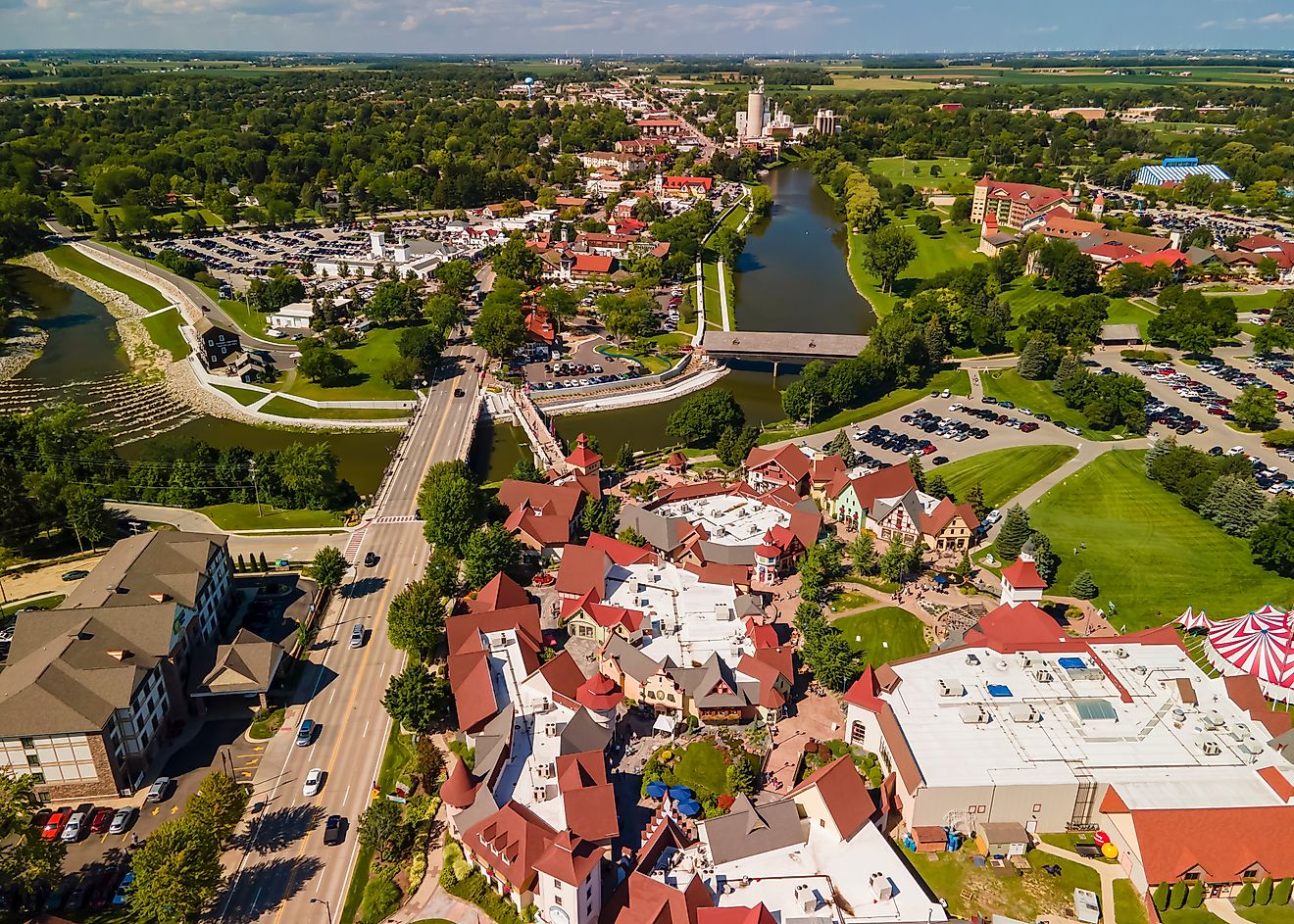 Aerial view of Frankenmuth, Michigan, known for its Bavarian-style architecture.