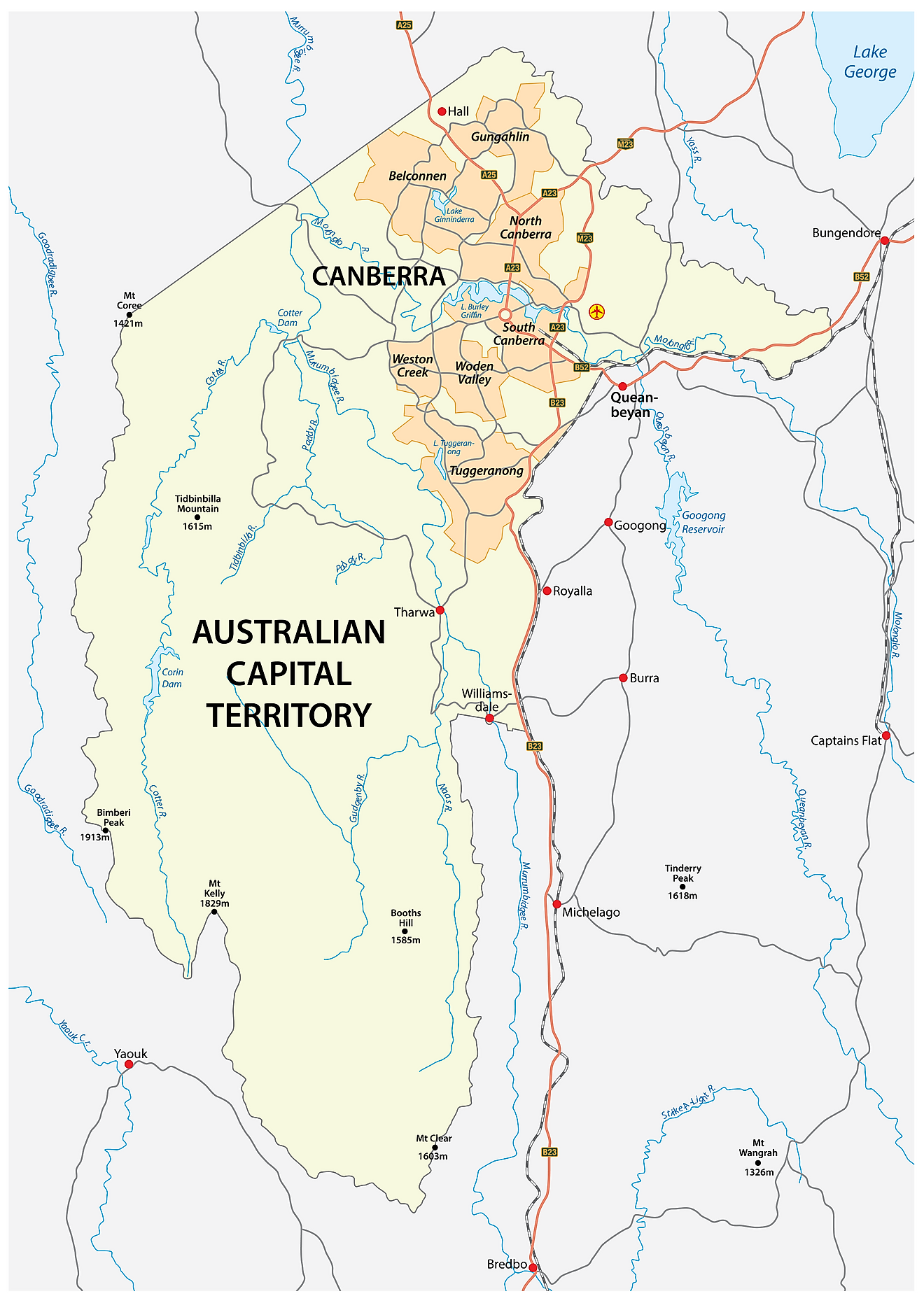 Map of Australian Capital Territory showing its various settlements and its capital city - Canberra