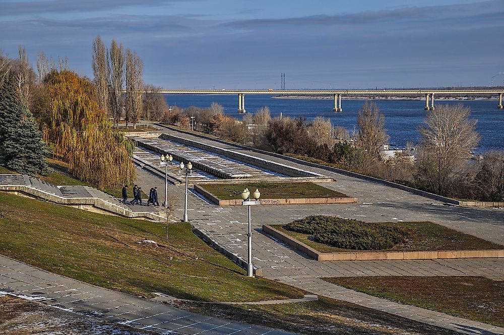 The Volga River in Volgograd, Russia. Volgograd was one of the many cities re-named during the period of "de-stalinization". It was formerly named "Stalingrad".