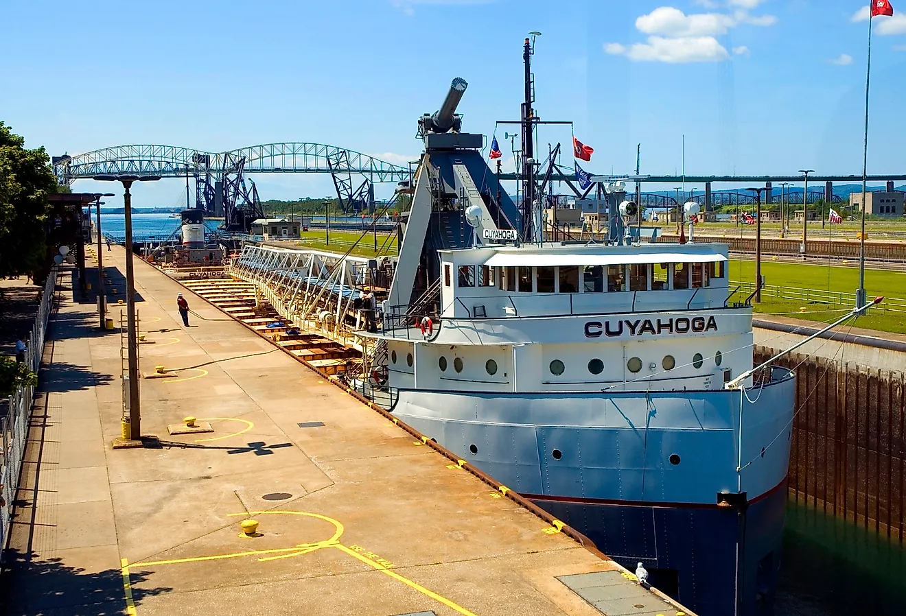 Great Lakes freighters passes through the Soo Locks at Sault Ste Marie Michigan connecting Lake Superior with Lake Huron. Image credit Dennis MacDonald via Shutterstock