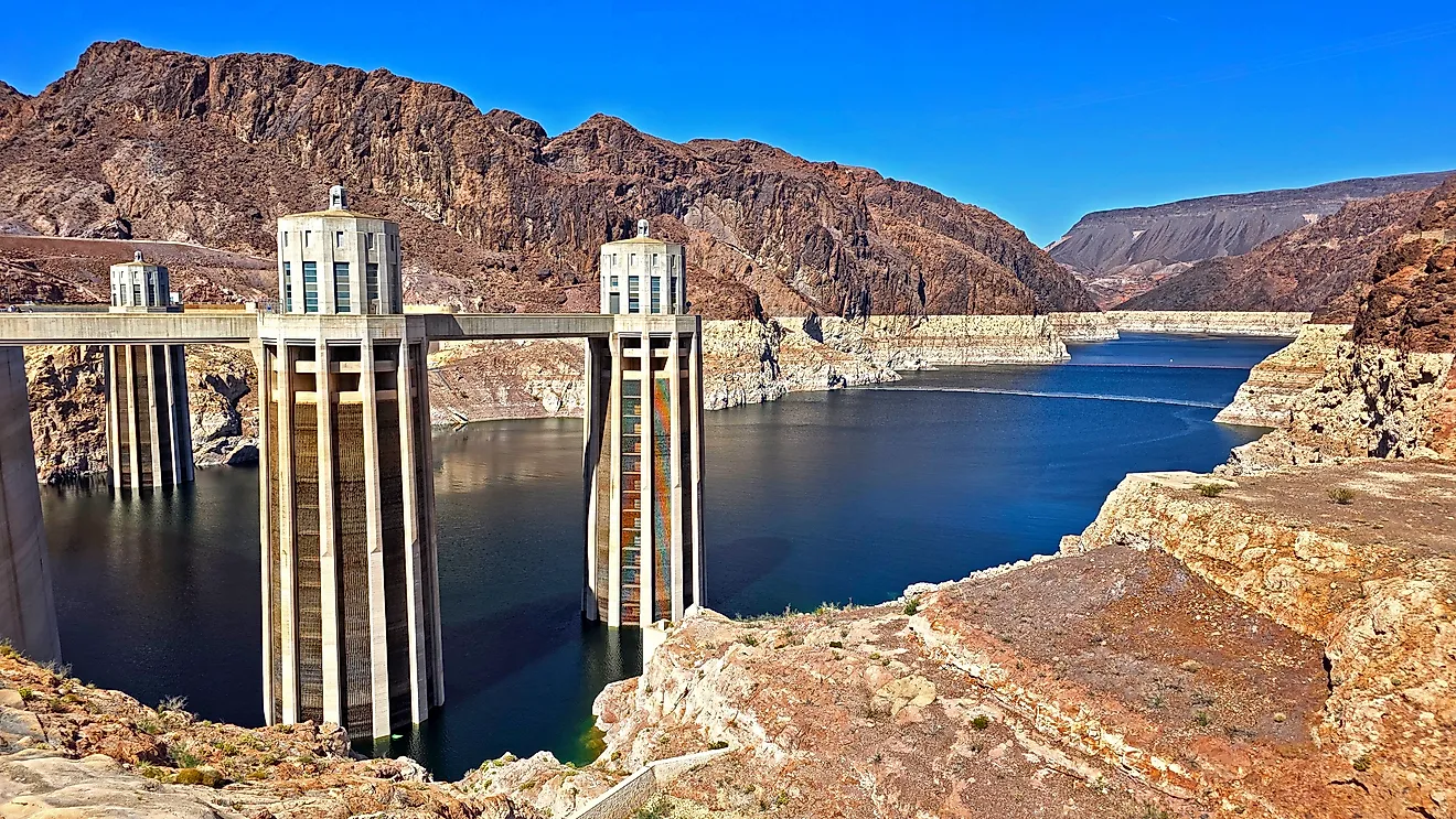 Hoover Dam intake towers above Lake Mead.