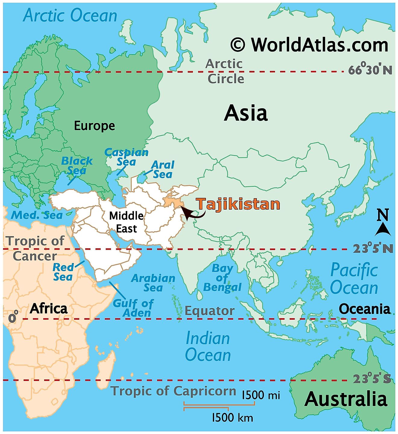 Map showing location of Tajikistan in the world.