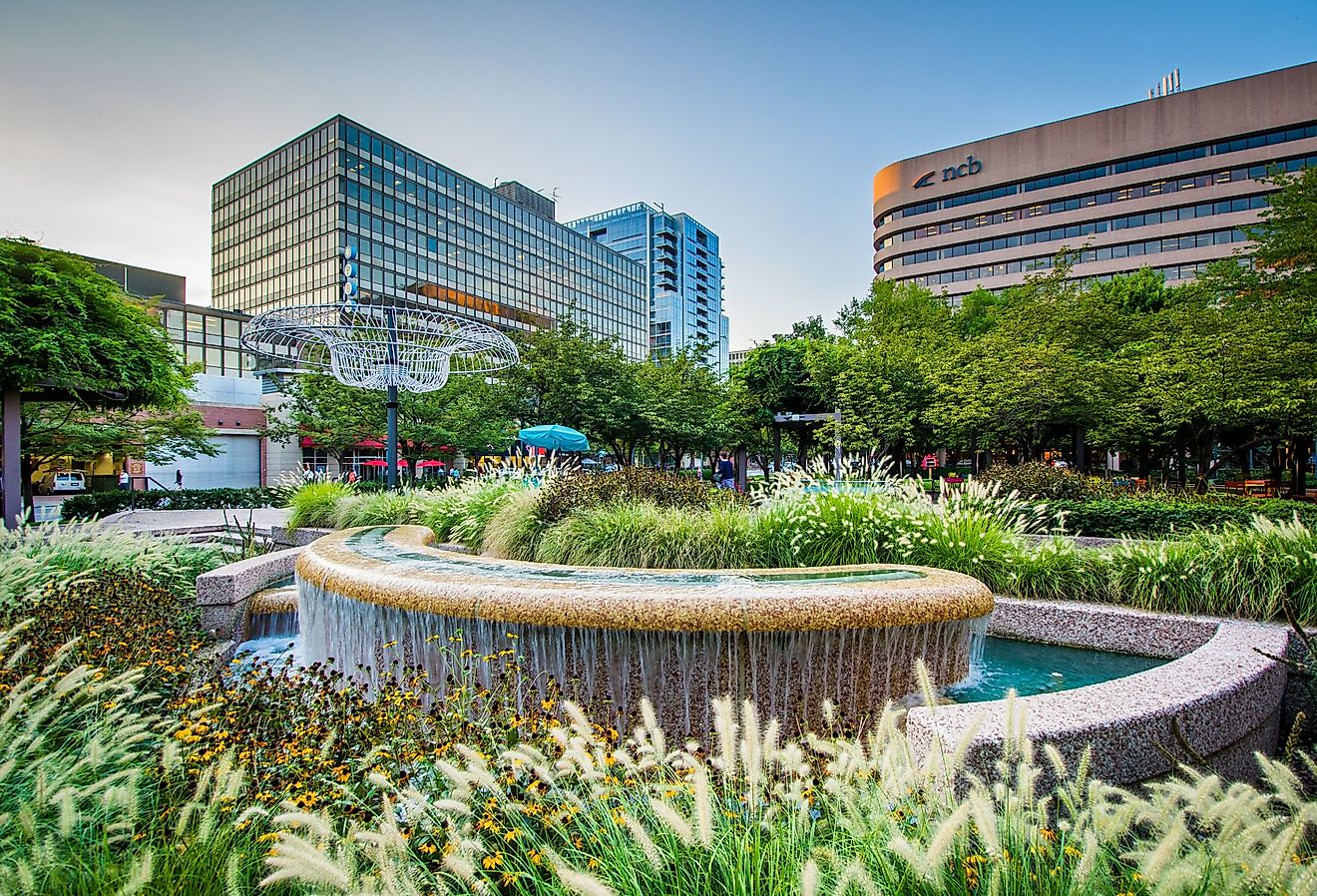 Fountains and modern buildings in Crystal City, Arlington, Virginia