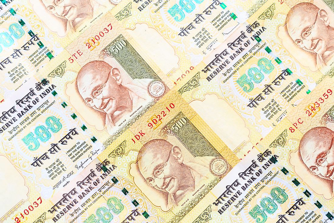 The INR 500 banknotes that were demonetized in India. 