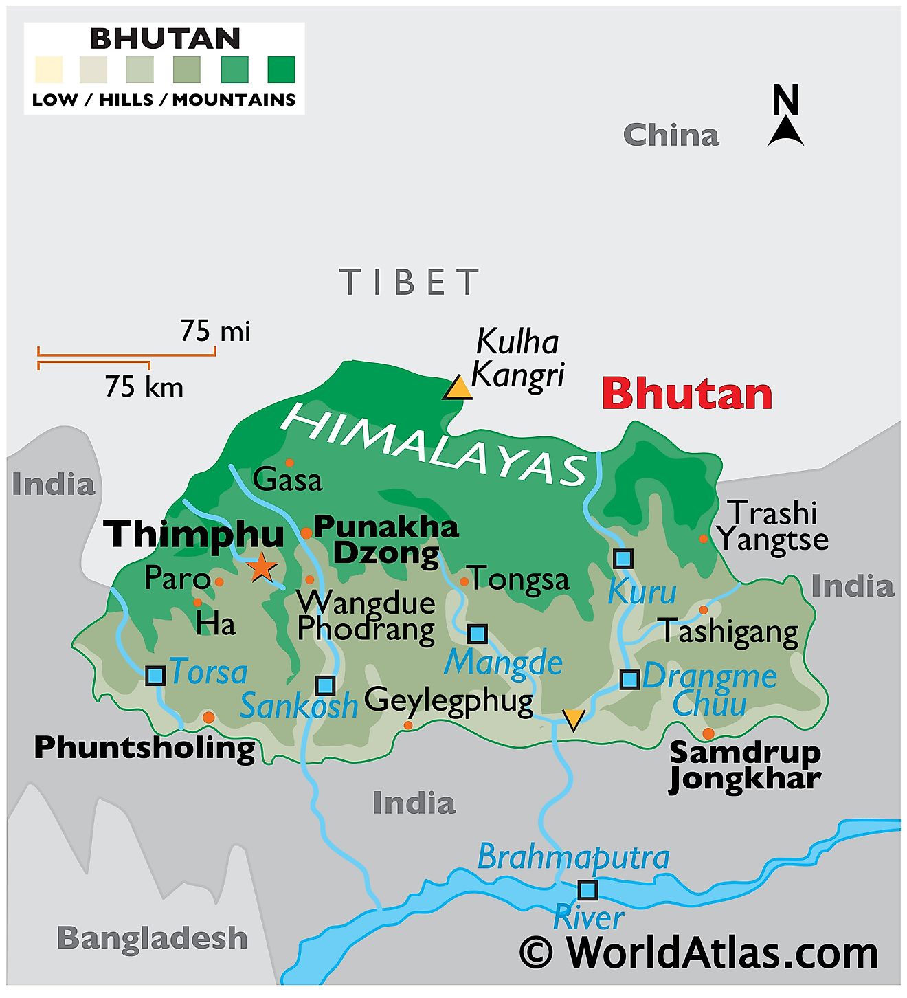 Physical Map of the Kingdom of Bhutan showing relief, the Himalayan range, major rivers, bordering countries, highest and lowest points, and more.