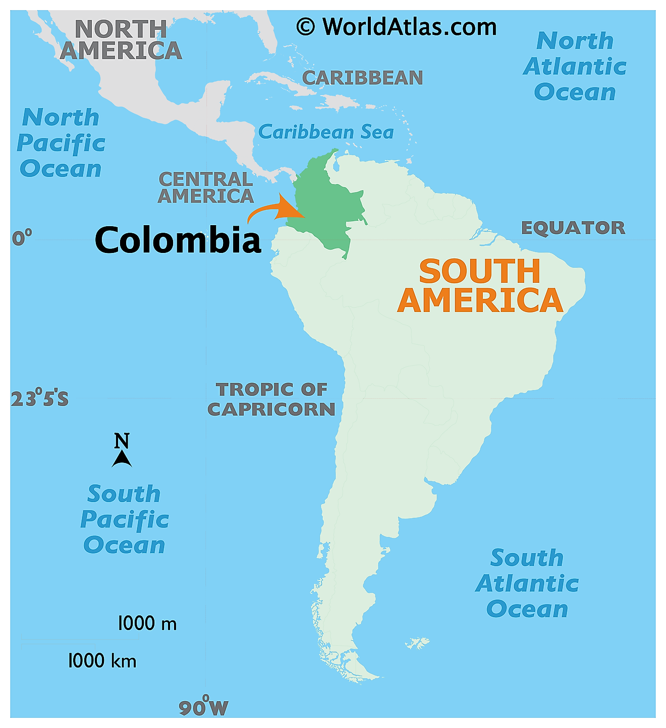 Mapa que muestra la ubicación de Colombia en el mundo.