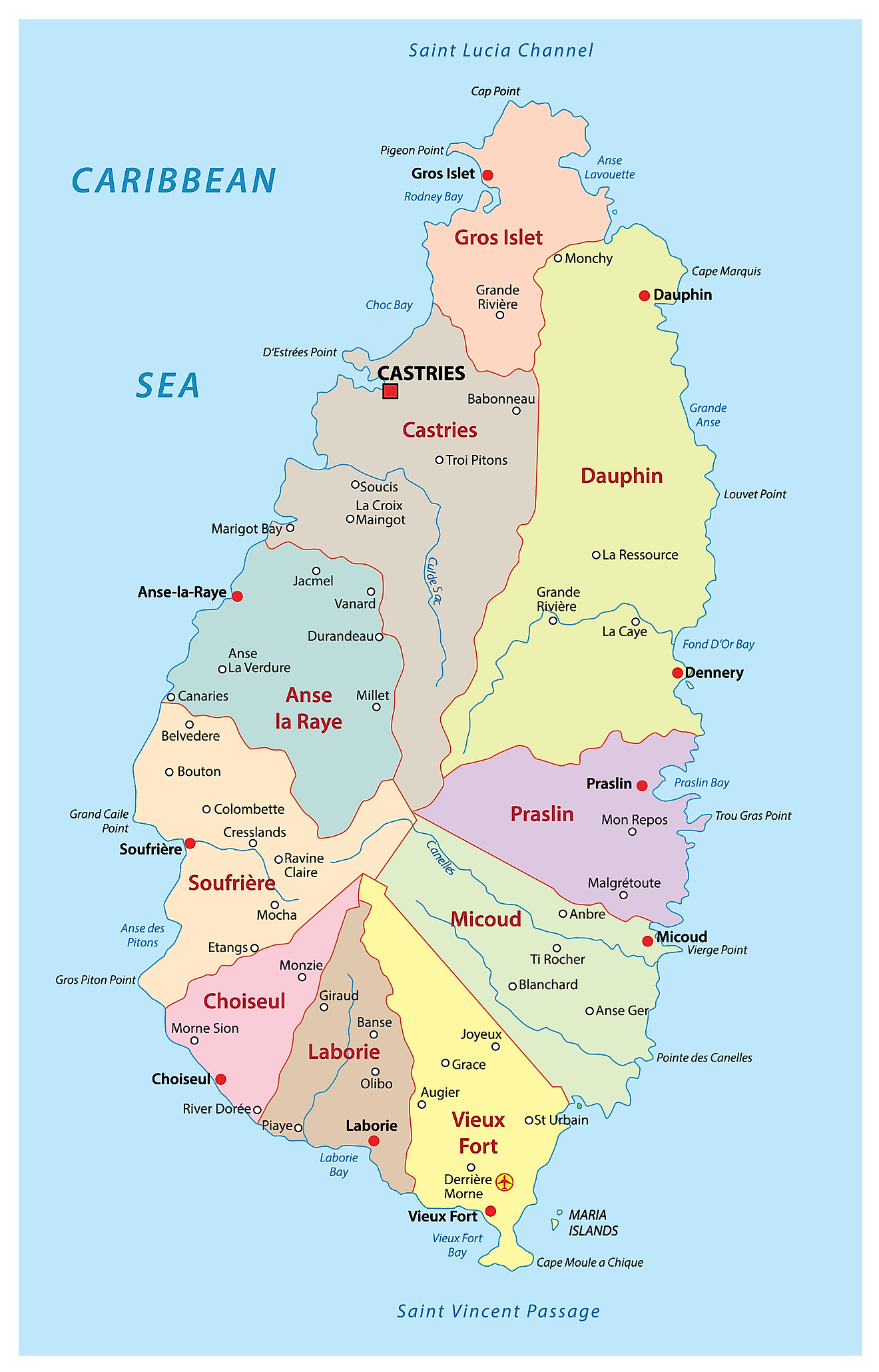 Mapa político de Santa Lucía que muestra sus 11 distritos y la ciudad capital de Castries. 