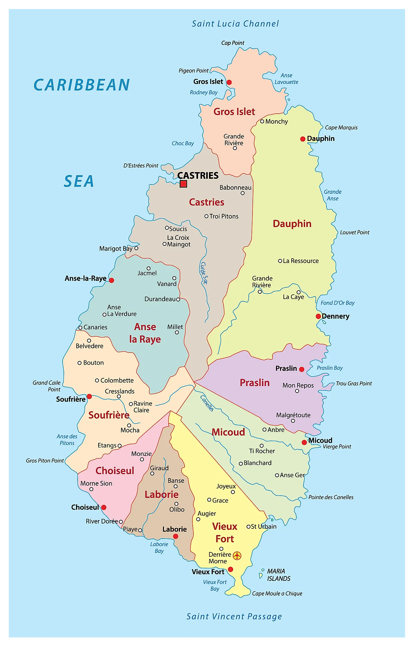 Political Map of Saint Lucia showing its 11 districts and the capital city of Castries.  