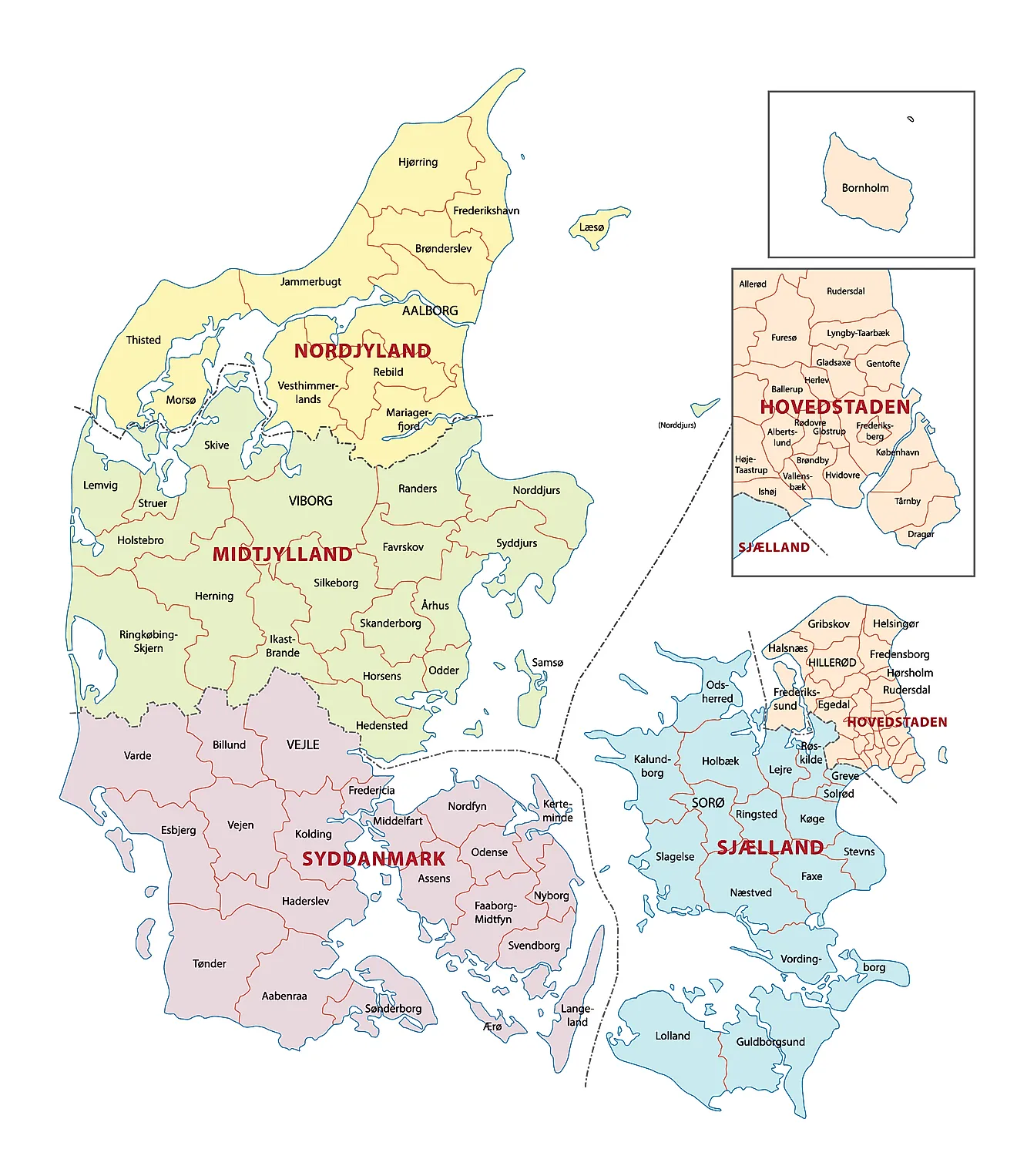 Mapa político de Dinamarca que muestra sus 5 regiones y la ciudad capital de Copenhague