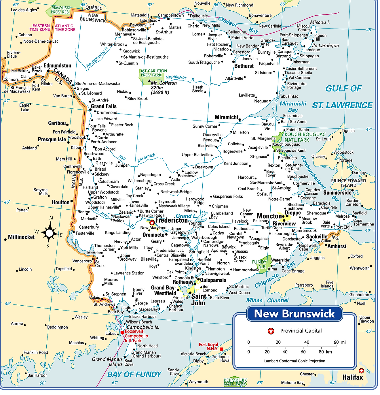 Map of New Brunswick showing its various cities/towns including the capital of Fredericton