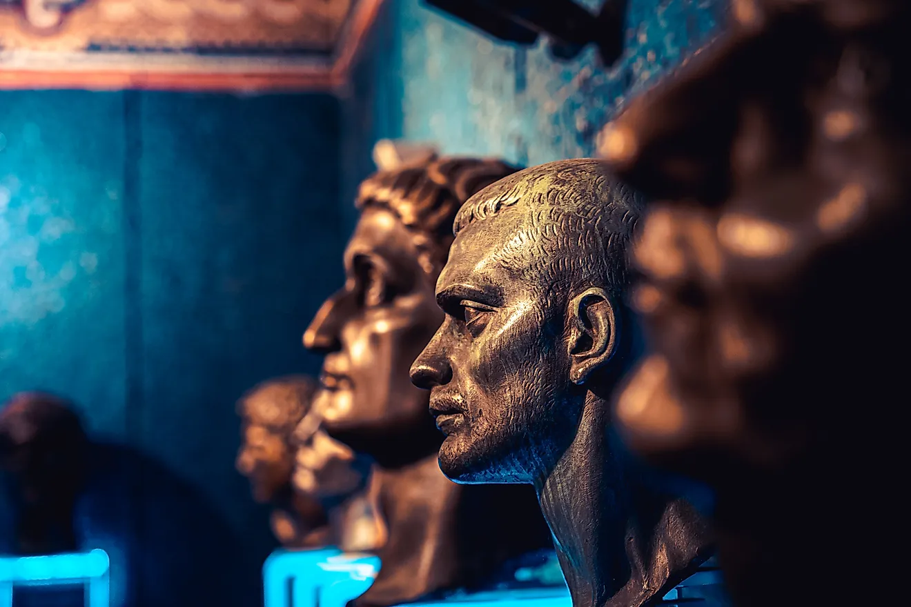 Heads of Roman emperors exhibited at an archeological site Viminacium in Serbia (Credit: kizaru43 via Shutterstock)
