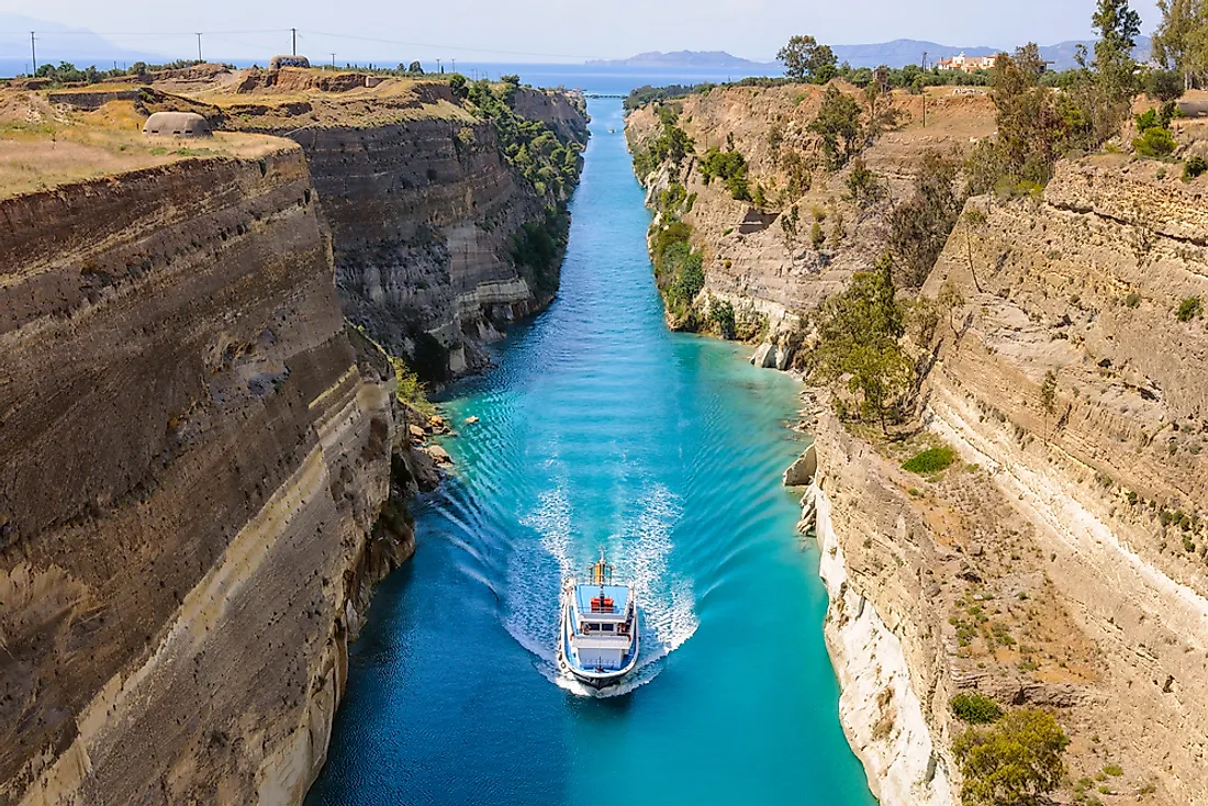 A ship passing through the Corinth Canal. 