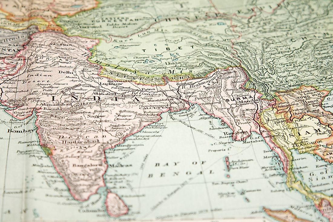 Vintage map from 1907 showing the boundary between India and Tibet. 
