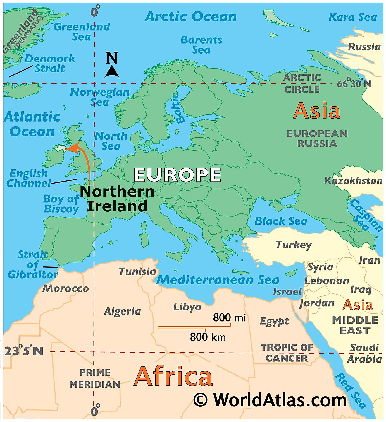 Map showing location of Northern Ireland in the world.