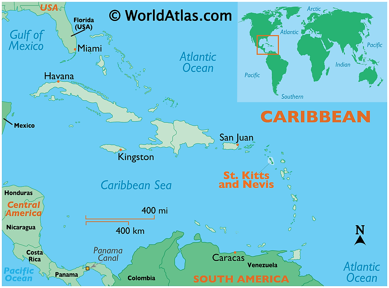 Mapa que muestra la ubicación de San Cristóbal y Nieves en el mundo.