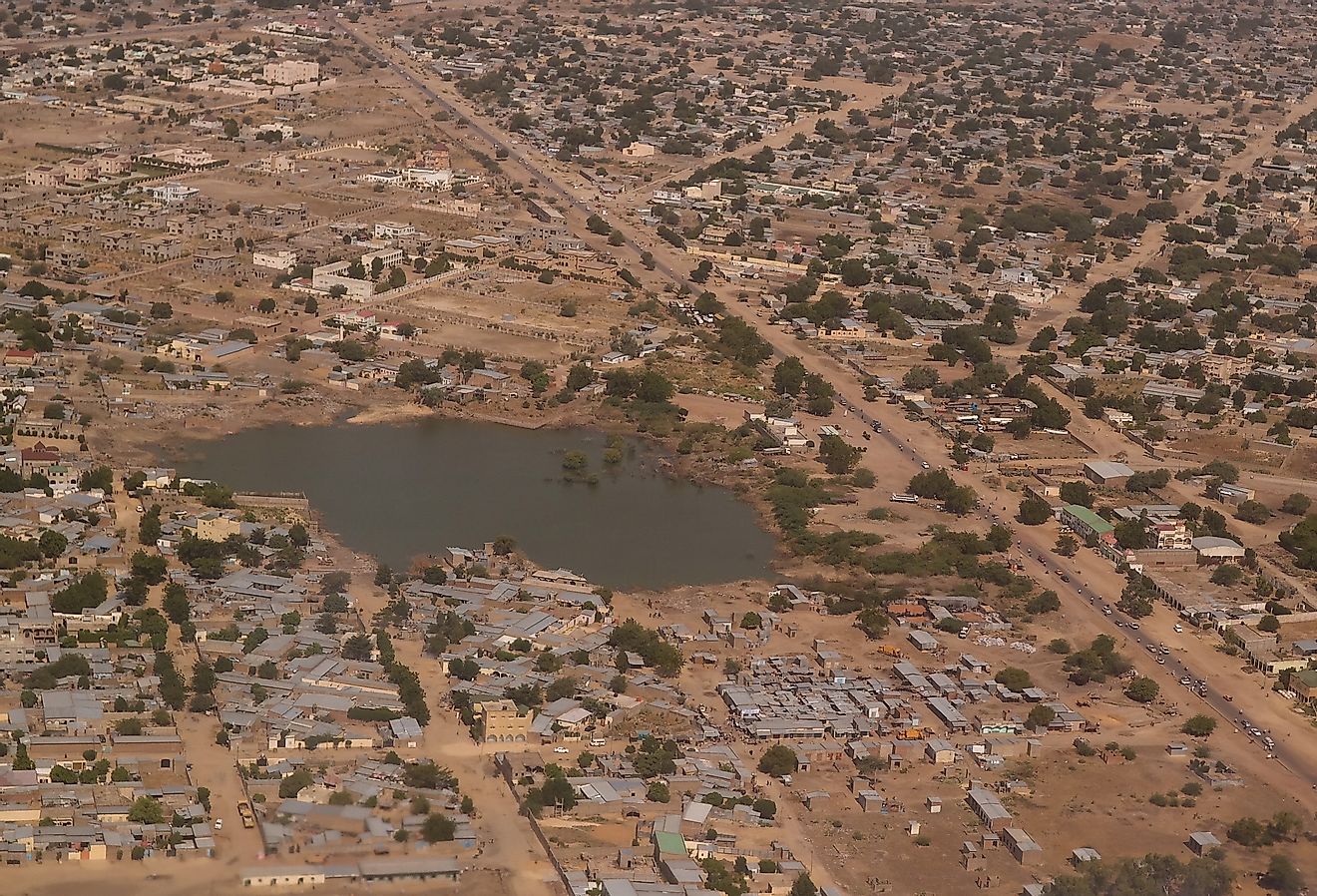 Aerial view to NDjamena and Chari River, Chad. Image credit homocosmicos via Adobe Stock. 