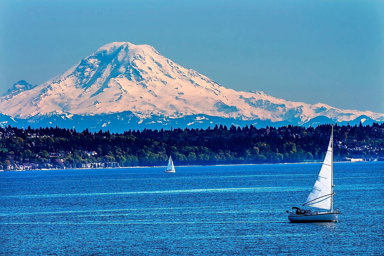 A view of Mount Rainier from Puget Sound. 