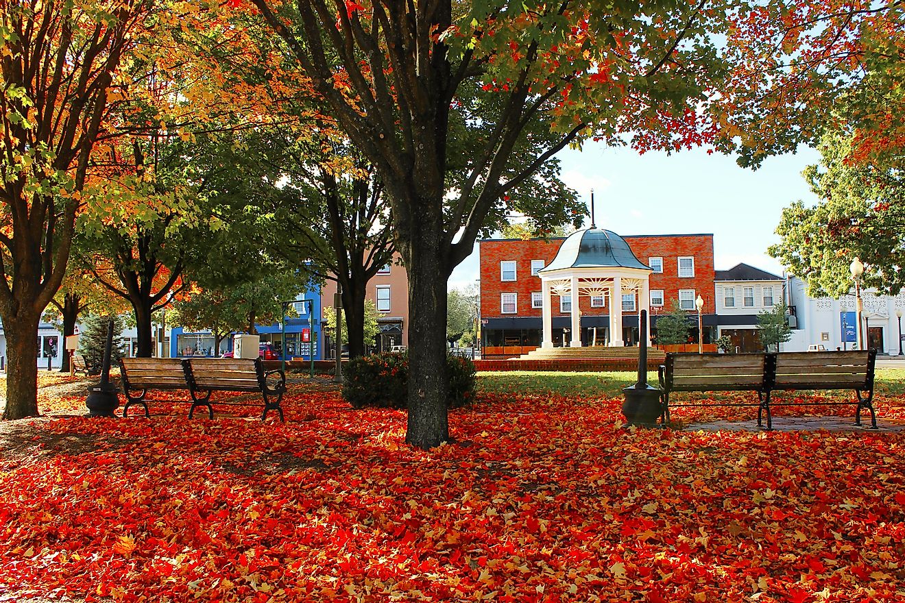 Beautiful Autumn leaves gather around the gazebo on Main Street in Front Royal, Virginia.