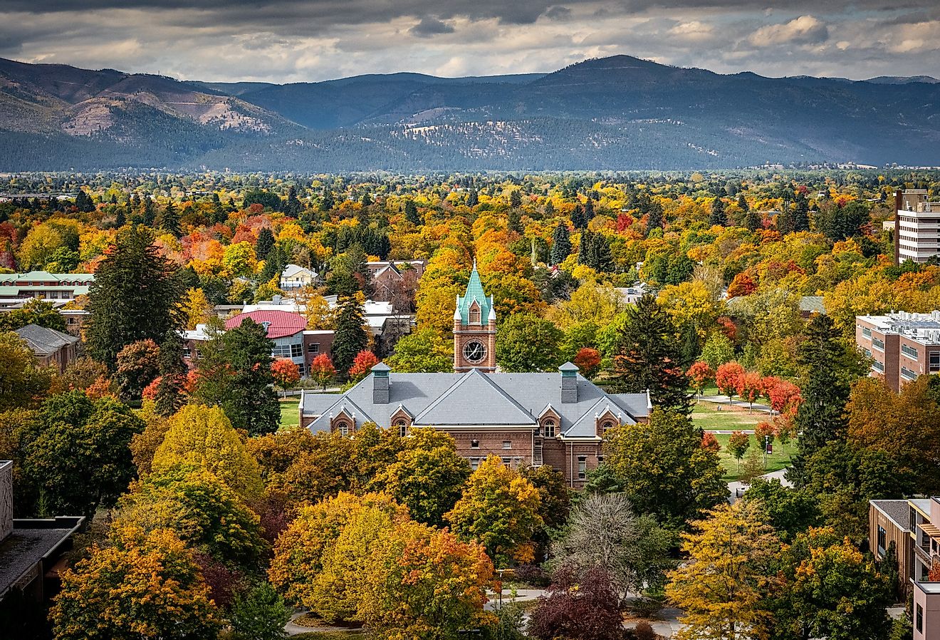 View of UM bell tower from Mount Sentinel in Missoula, Montana.