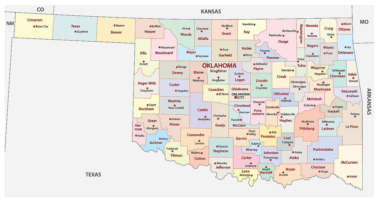 Mapa administrativo de Oklahoma que muestra sus 77 condados y la ciudad capital - Oklahoma City