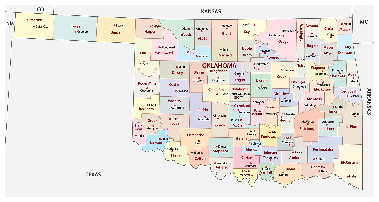 Administrative Map of Oklahoma showing its 77 counties and the capital city - Oklahoma City