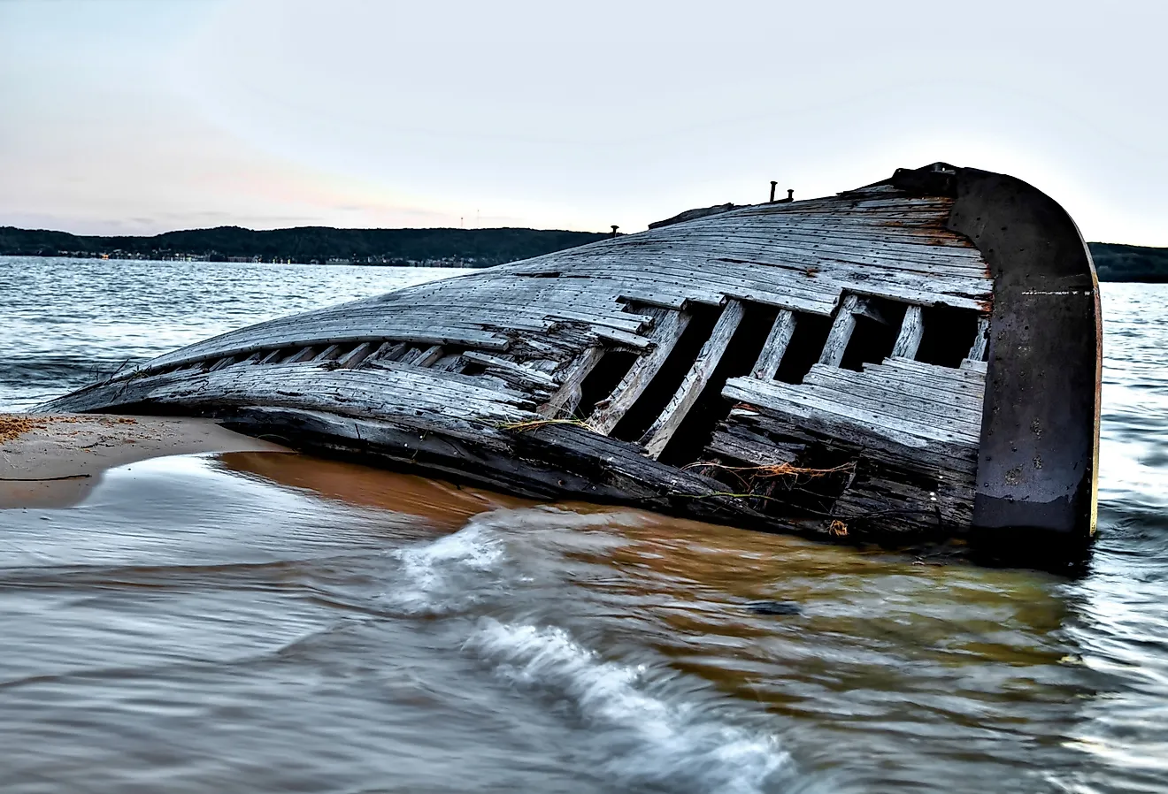 Beached shipwreck on Lake Superior coast. 