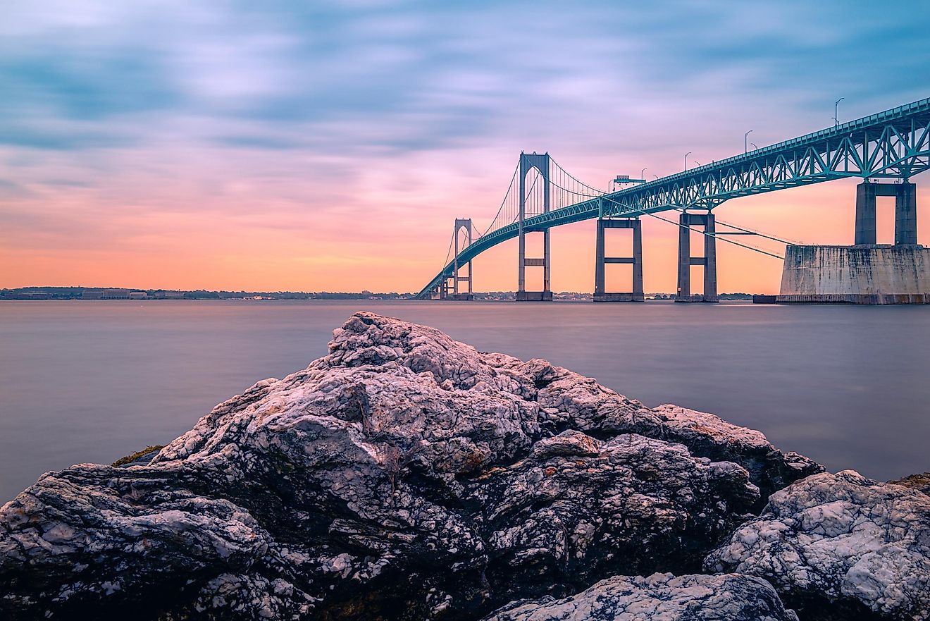 Dramatic Sunset Landscape Over Claiborne Pell Newport Bridge - A Modern Tolled Suspension Bridge Connecting Newport and Jamestown, Rhode Island, Spanning Narragansett Bay.