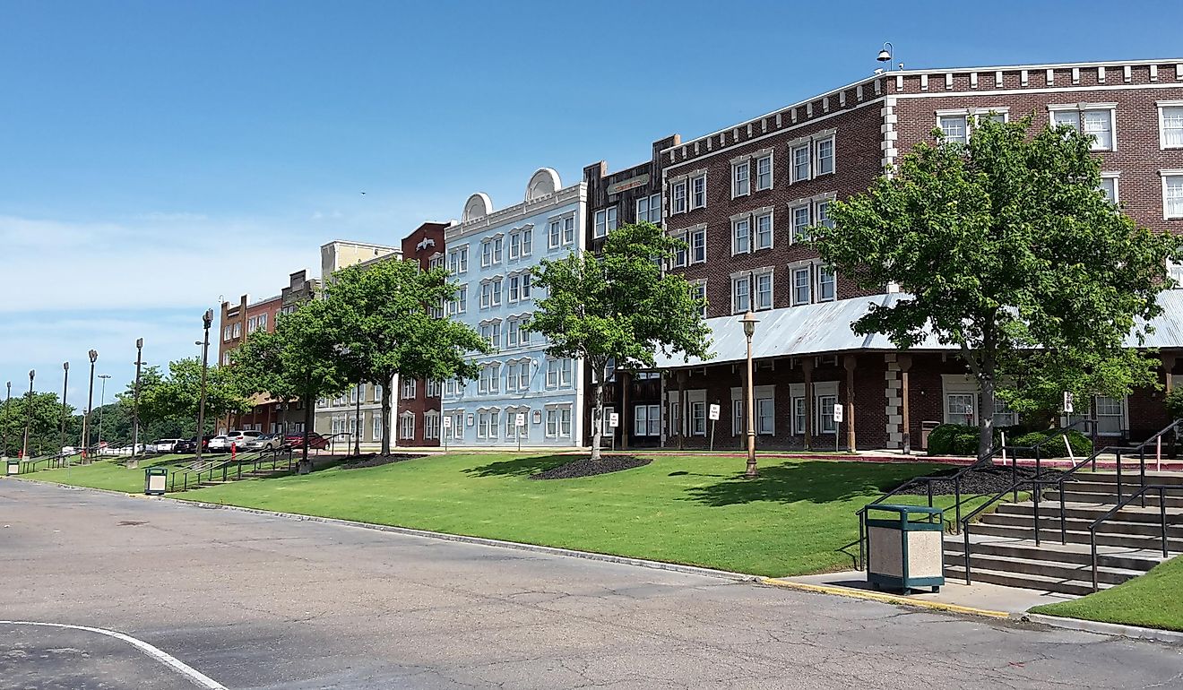 Facade of old buildings in Tunica, Mississippi.