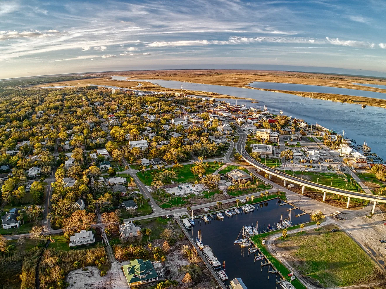 The historic waterfront at Apalachicola, Florida, where the river meets the bay.