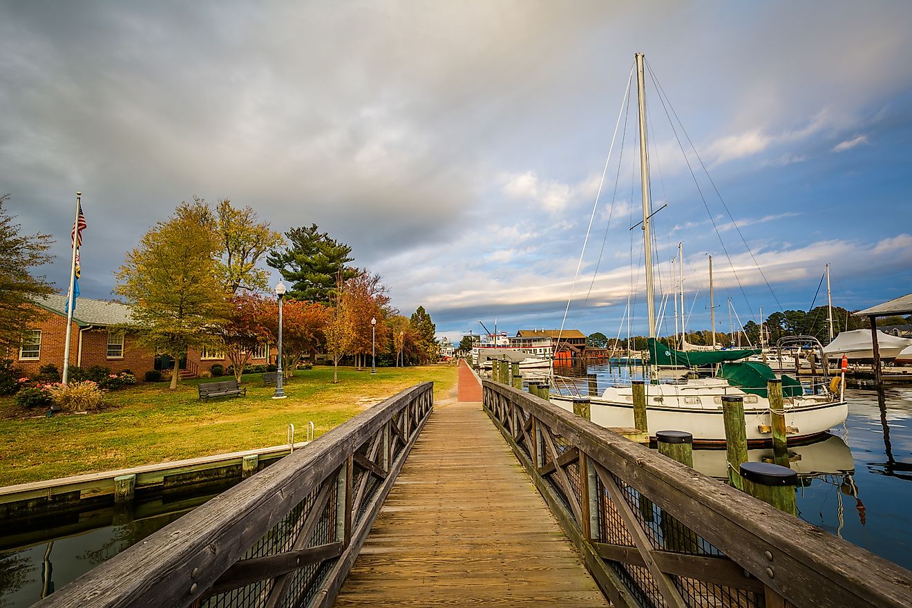 Bridge and boats docked in the harbor in St. Michaels, Maryland.