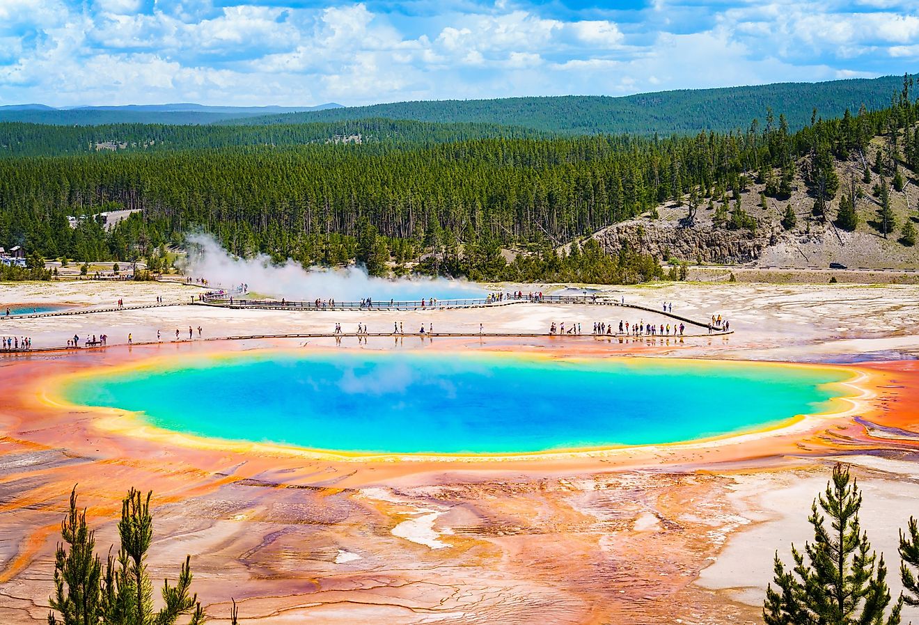 Tourists watching the Grand Prismatic Spring at the Yellowstone National Park.