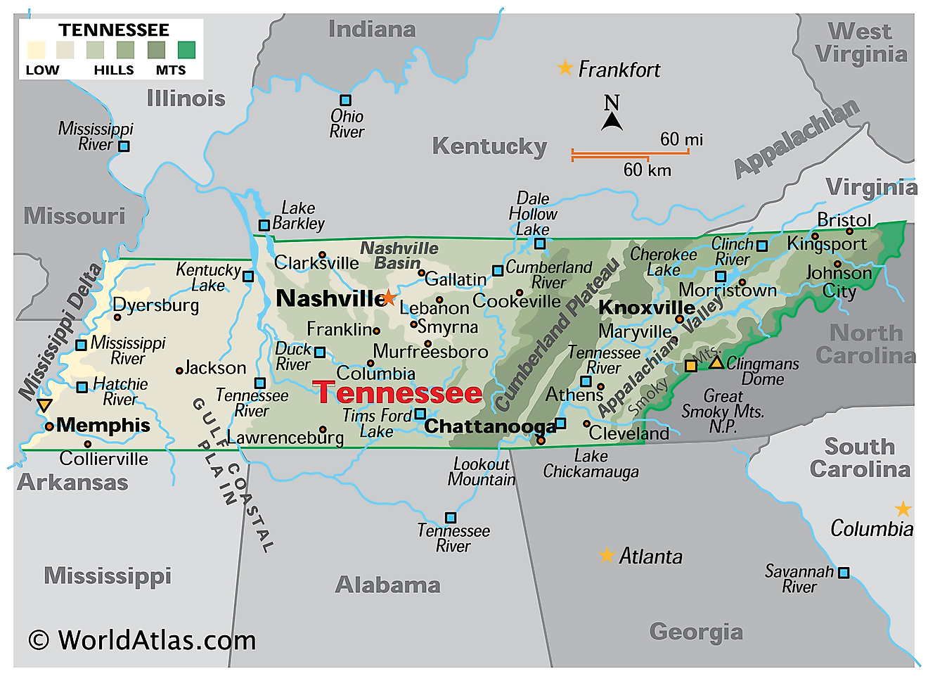 Physical Map of Tennessee. It shows the physical features of Tennessee including its mountain ranges, major rivers and lakes.