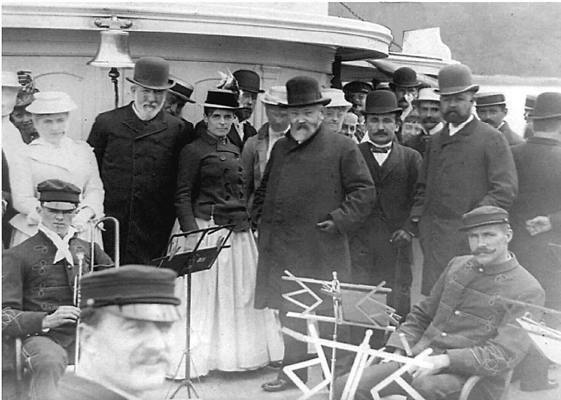 President Benjamin Harrison on ship with other officials.