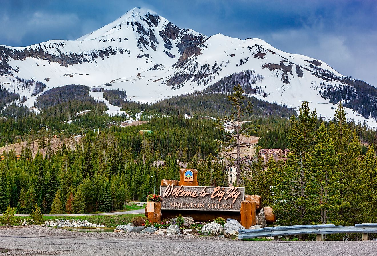 Welcome to Big Sky Mountain Village Signage, Montana. Image credit Zorro Stock Images via Shutterstock