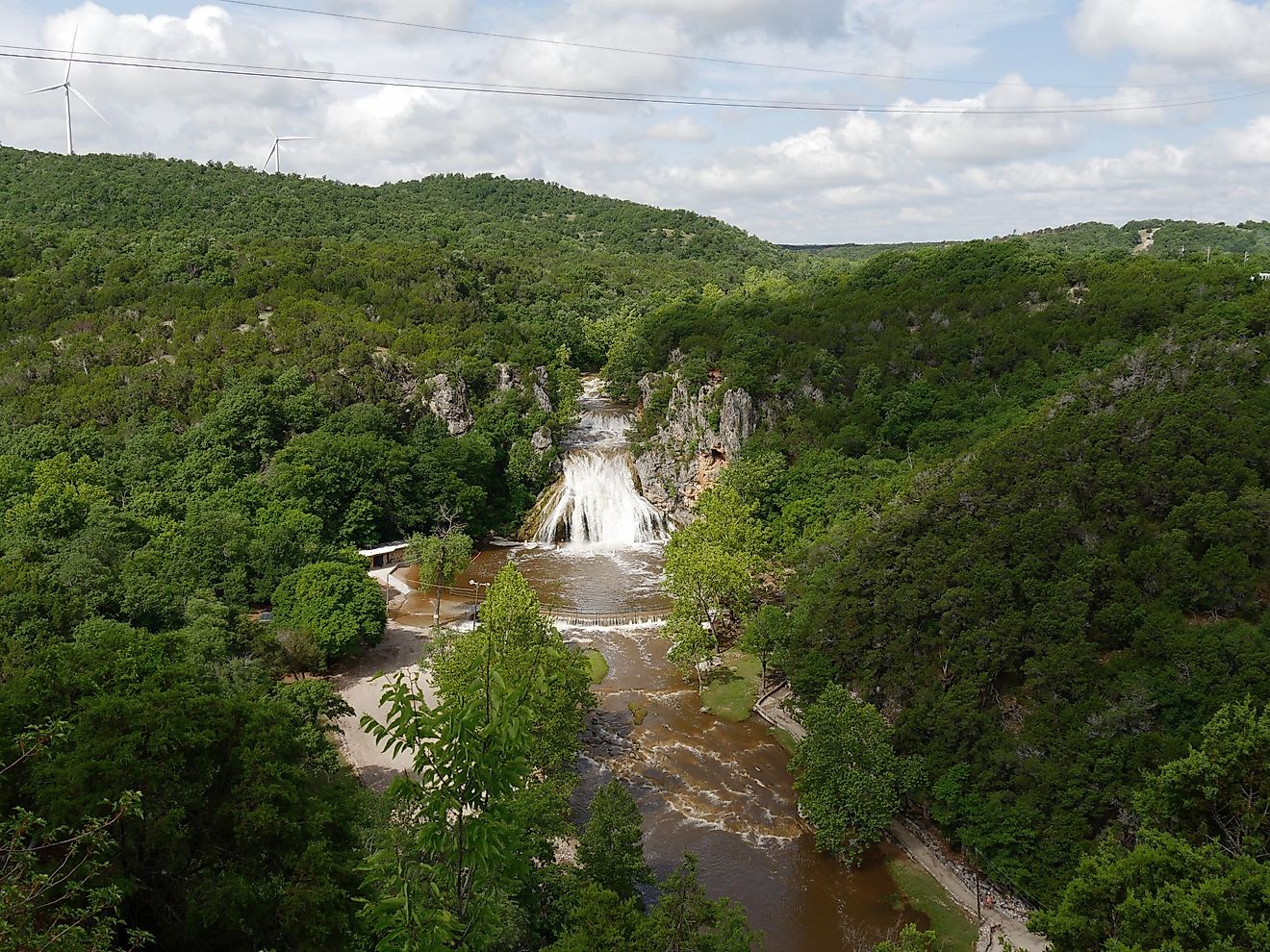 Wide Aerial shot of Turner Falls during a flooding near Sulphur, Oklahoma