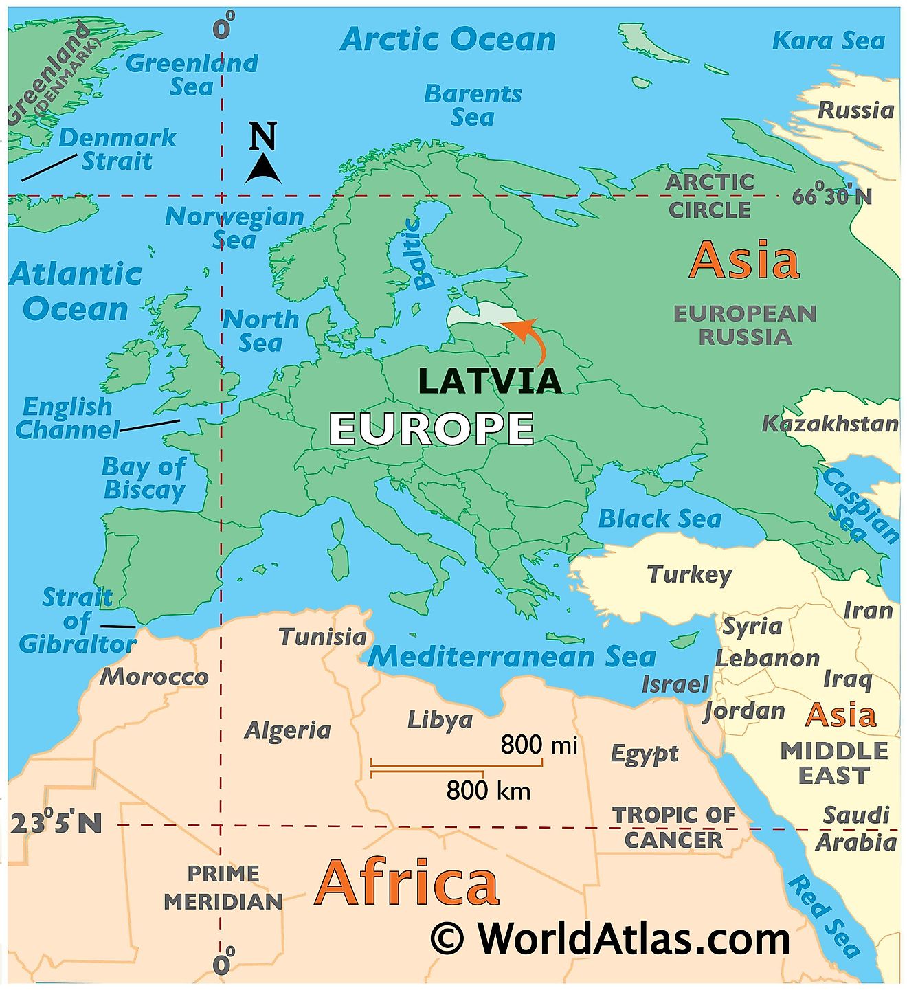 Mapa que muestra la ubicación de Letonia en el mundo.