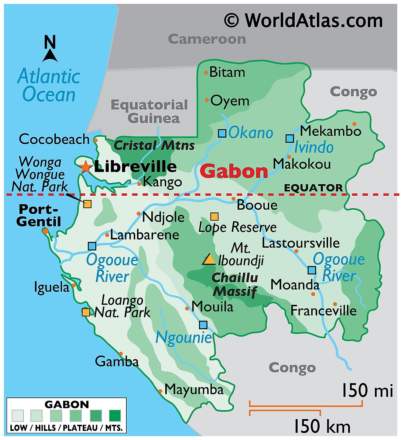 Mapa físico de Gabón que muestra los límites estatales, el terreno, las ciudades importantes, los puntos extremos, los principales ríos, etc.