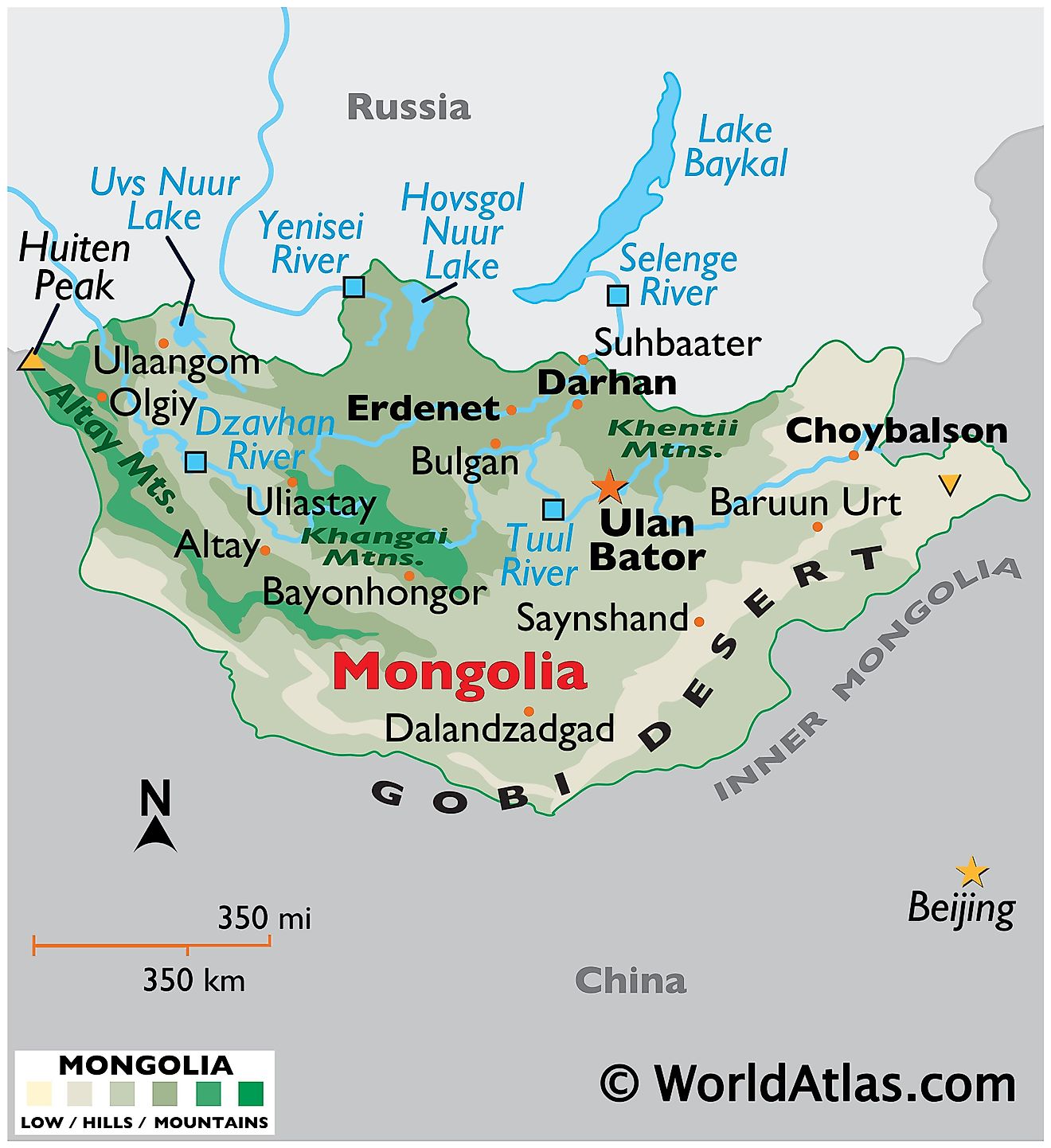 Physical Map of Mongolia showing international boundaries, relief, highest and lowest points, important cities, major mountain ranges, important rivers, the Gobi Desert, etc.