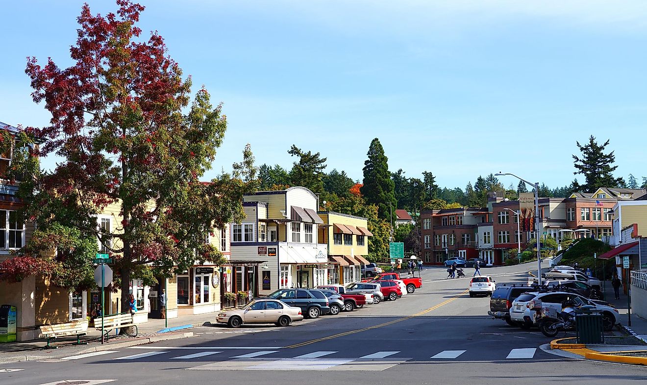 View of downtown Friday Harbor, the main town in the San Juan Islands archipelago in Washington State, via EQRoy / Shutterstock.com