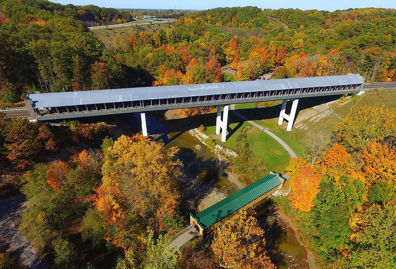 Scenic covered bridge in Ashtabula County, Ohio. The Smolen-Gulf Bridge is the longest covered wooden bridge in the US