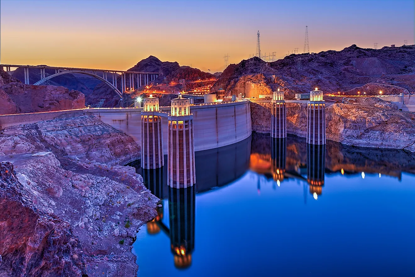 Hoover Dam calm water at sunset