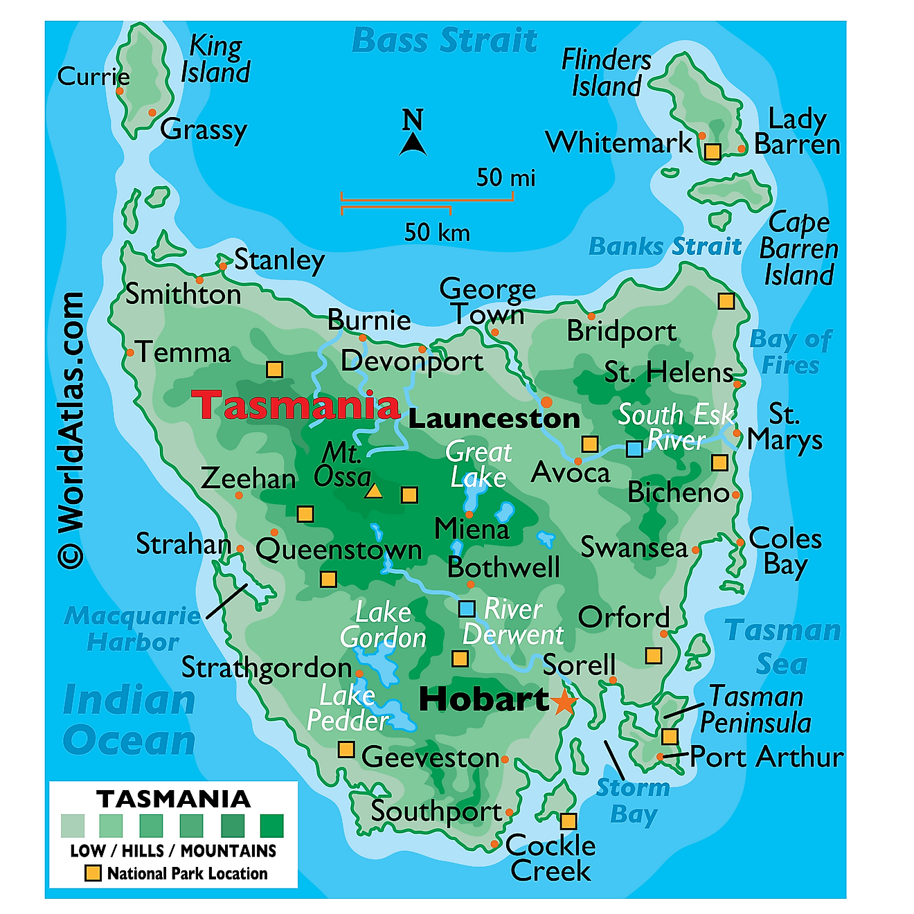 Physical Map of Tasmania. It shows the physical features of Tasmania, including mountain ranges, important rivers, and major lakes. 
