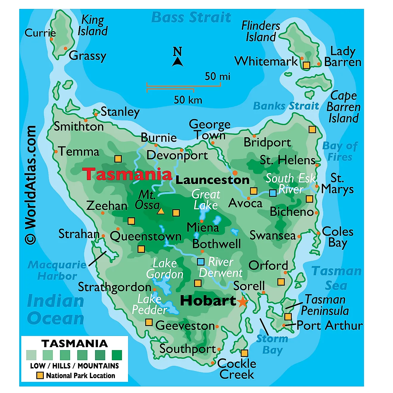 Physical Map of Tasmania. It shows the physical features of Tasmania, including mountain ranges, important rivers, and major lakes. 