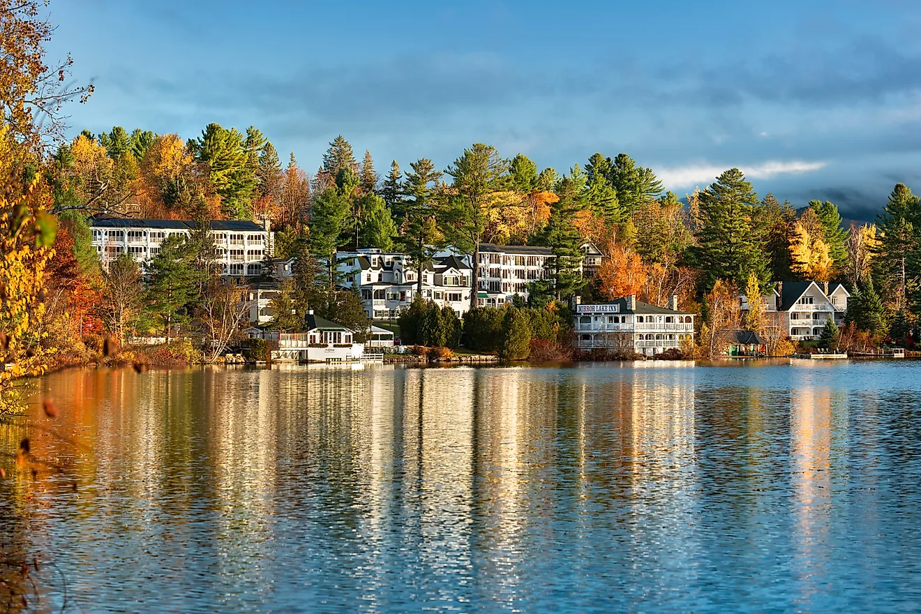 Lake Placid town over Mirror Lake Adirondack Mountains New York