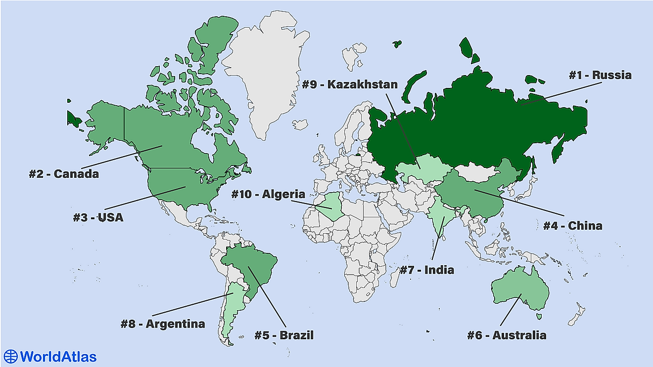 Infographic: map highlighting the 10 largest countries in the world.