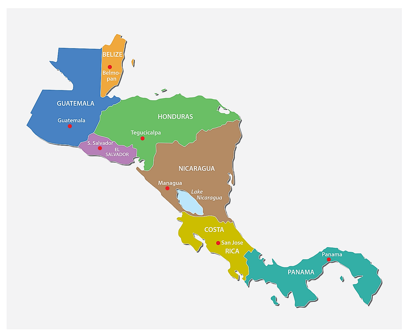 The 7 countries of Central America with their capital cities shown on the map.