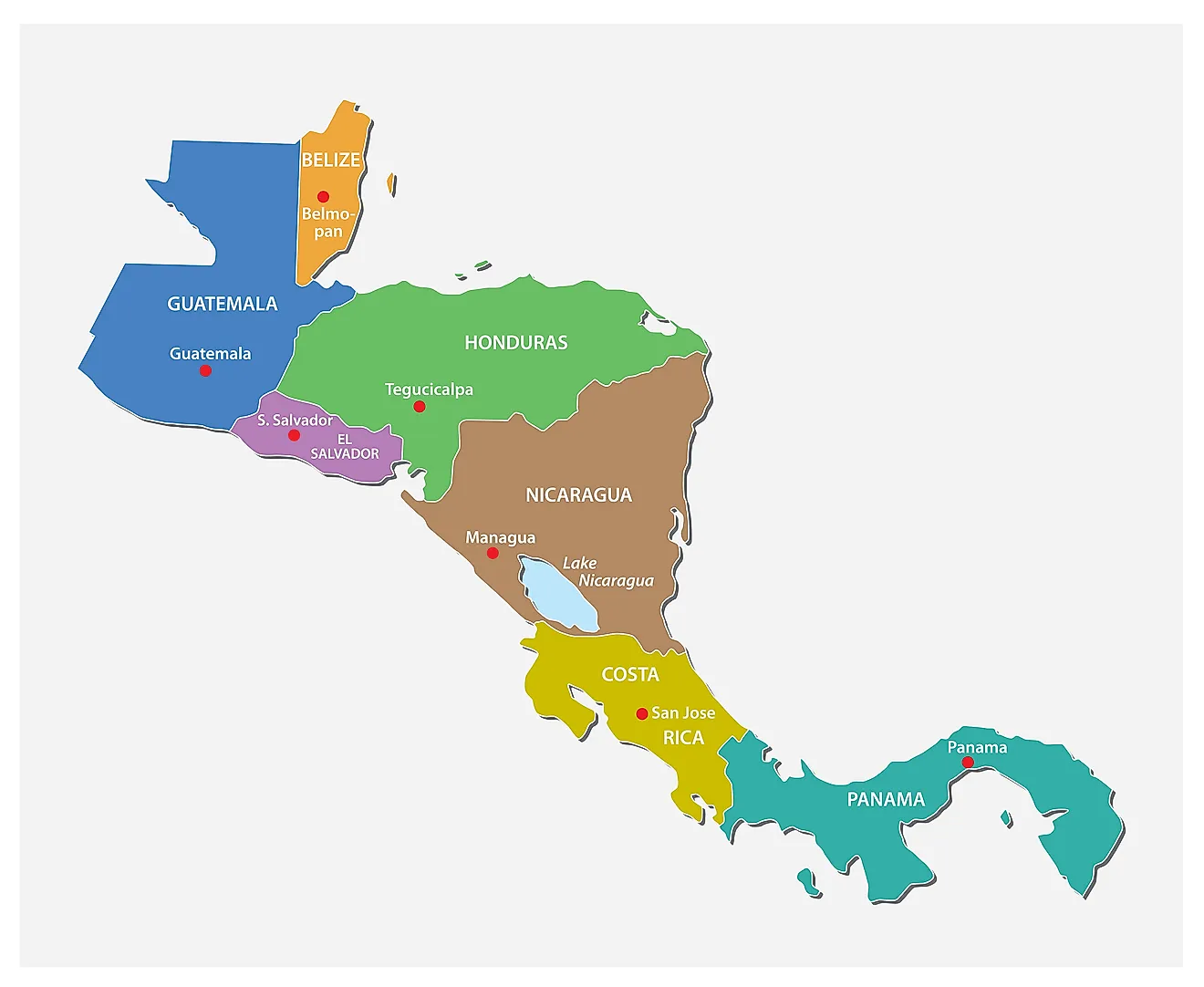 The 7 countries of Central America with their capital cities shown on the map.