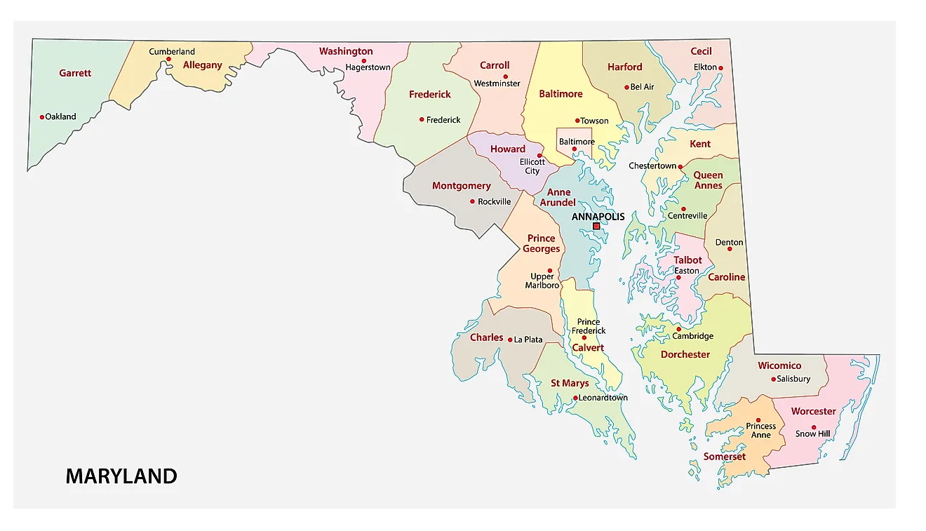 Administrative Map of Maryland showing its 24 counties and the capital city - Annapolis