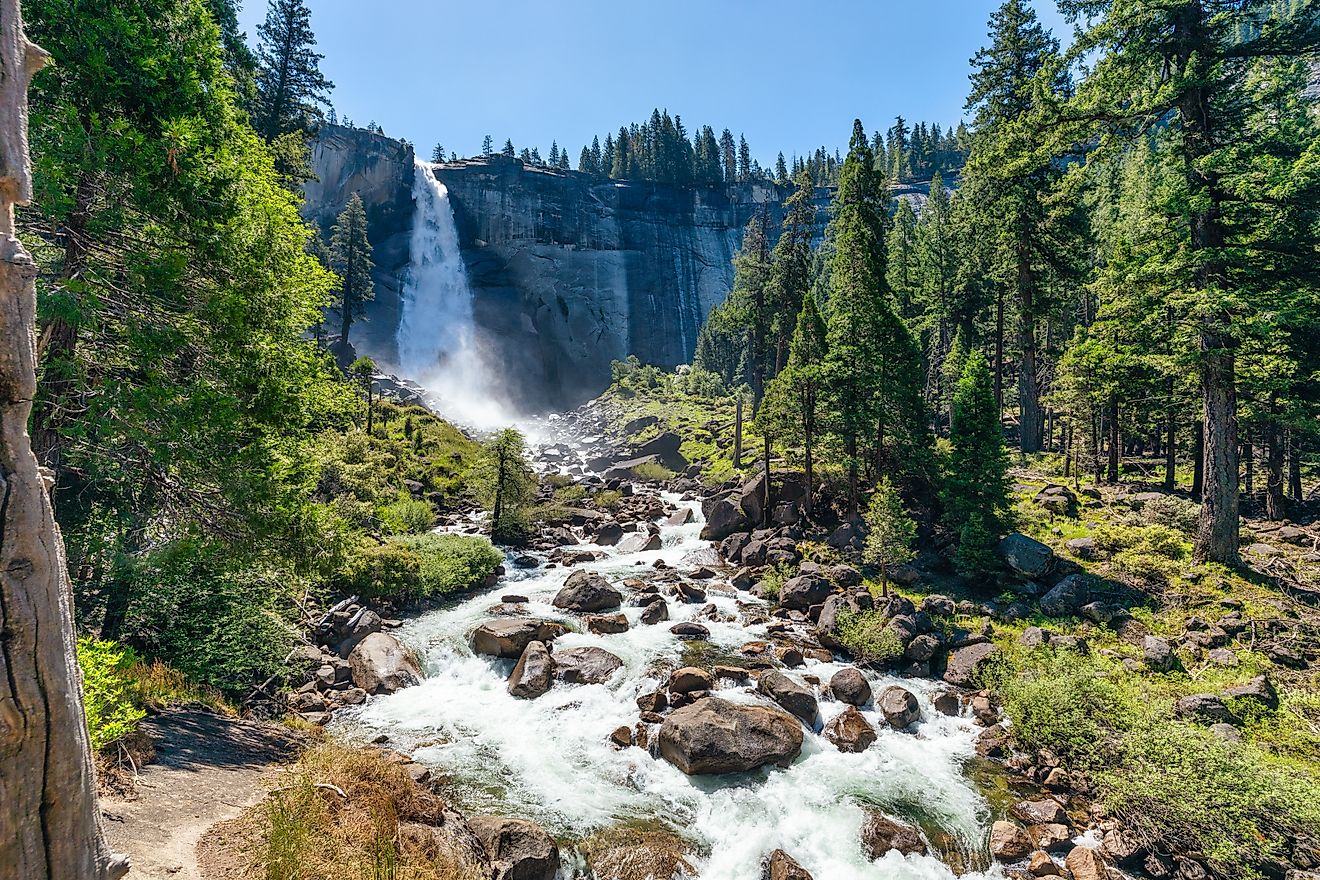 View of Nevada Mountains and Falls from the Mist Trail in Yosemite National Park, California. 