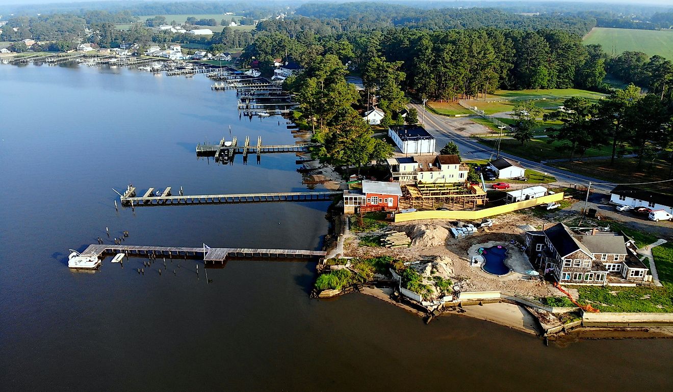 The aerial view of the waterfront homes with a private dock near Millsboro, Delaware.